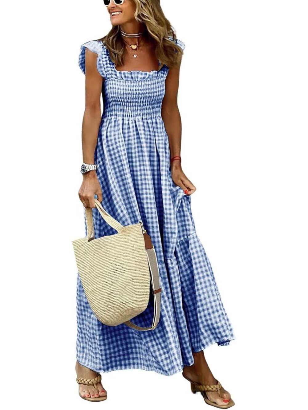 Women's Retro Plaid Smocked Dress Spaghetti Strap Flounce Long Dress